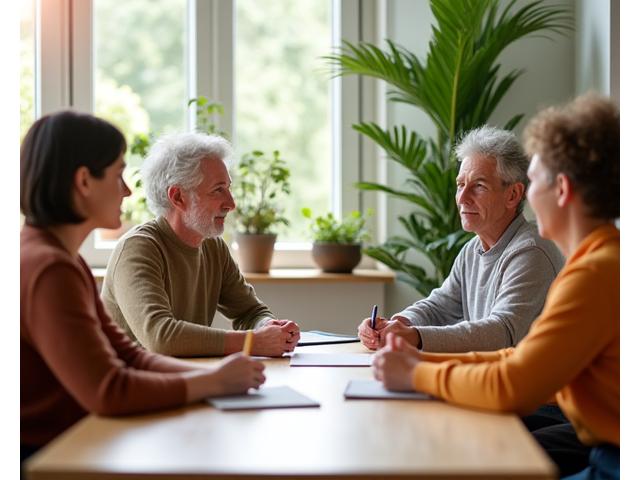 Diverse group of adults over 35 engaged in a thoughtful wellness workshop, sharing ideas in a sunlit, modern space.