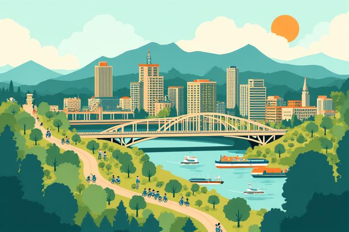 Stylized map illustration of Portland, Oregon, with subtle civic landmarks and icons representing healthy activities like cycling and farmers markets.