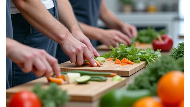 Adults preparing healthy food together during a cooking class.