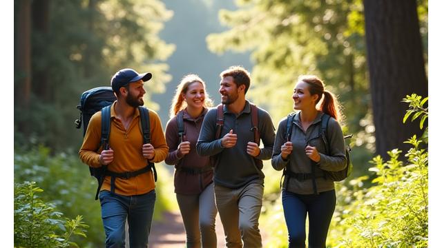 Group of adults hiking on a scenic trail in Forest Park, Portland.