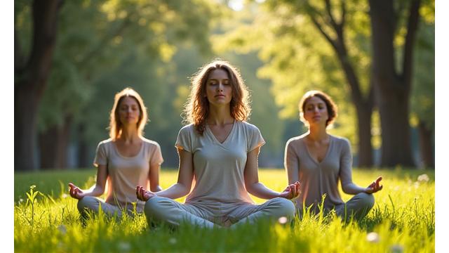 Group of adults meditating outdoors in a peaceful Portland park.