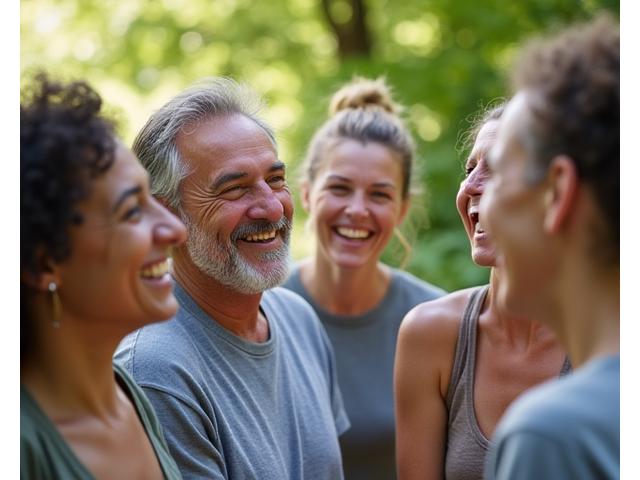 Diverse group of adults smiling and laughing during a wellness meetup in Portland, perhaps near Forest Park