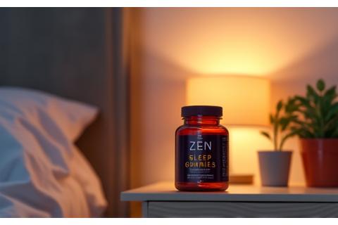Jar of Zen Sleep Aid Gummies on a nightstand.