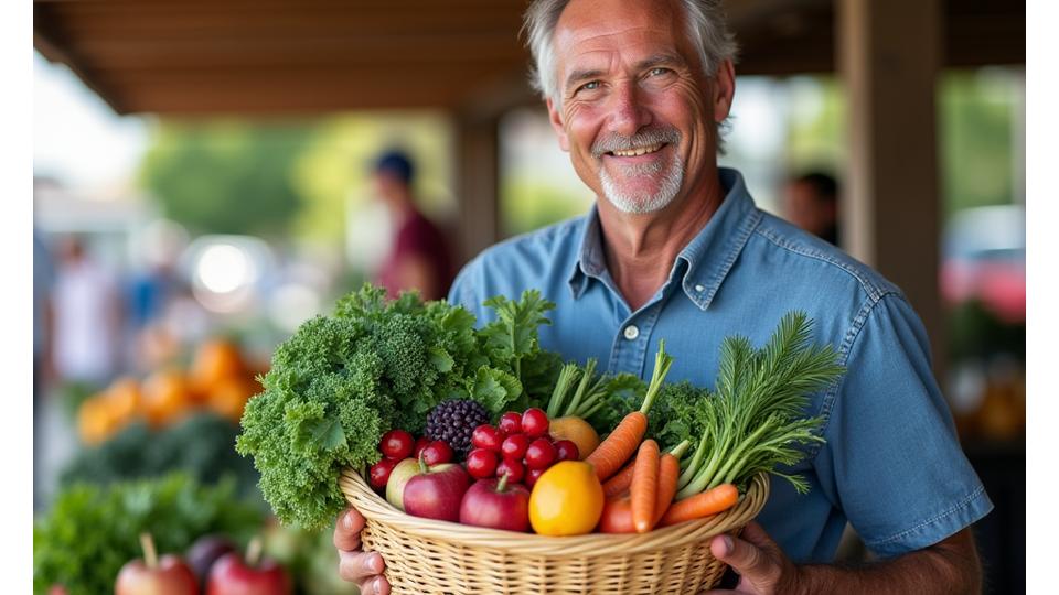 David proudly holding a basket of fresh produce from a Portland farmers market.