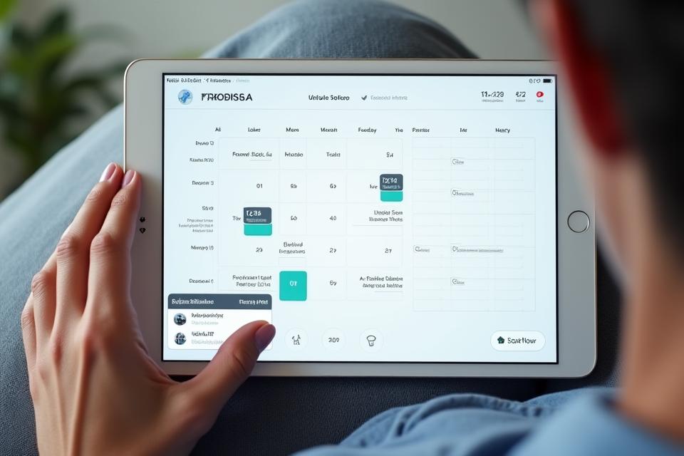 A modern online calendar interface displaying available consultation slots, with a person's hand hovering over a 'book now' button.