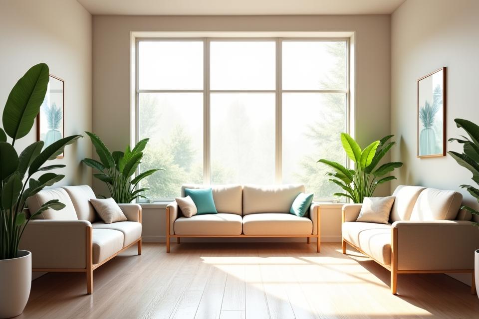 A bright, modern wellness office interior featuring comfortable seating, natural light, and green plants, creating a calming atmosphere.