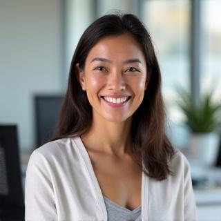 A warm, organized female program coordinator at a desk, looking directly at the camera with a reassuring smile.