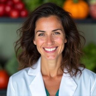 A friendly, professional female nutritionist smiling warmly, with a background of fresh fruits and vegetables.