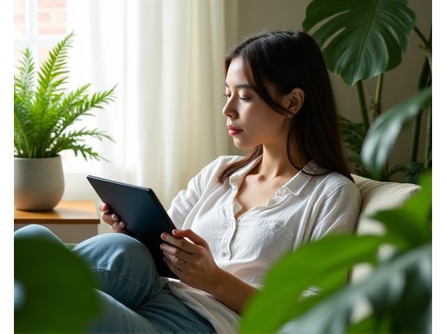 A serene adult reading a tablet among lush, vibrant green plants, symbolizing accessible daily wellness insights backed by nature.