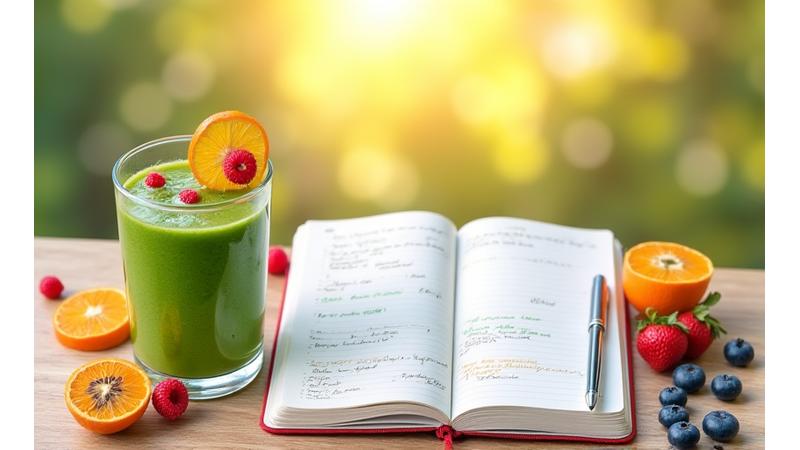A vibrant green smoothie, fresh fruits, and a journal on a sunlit table, representing balanced nutrition and mindful planning.