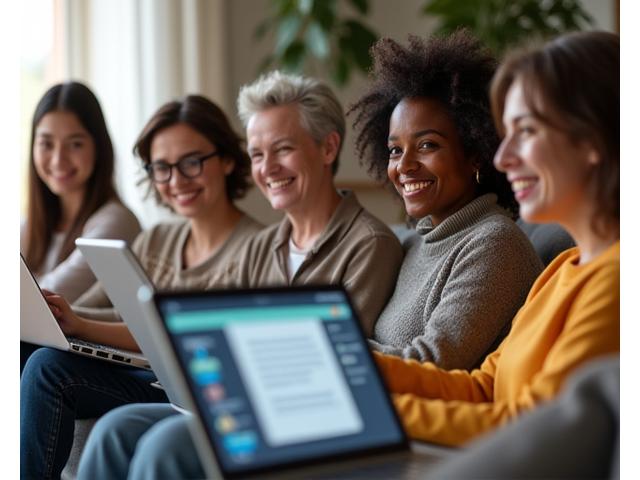 Group of people interacting on an online community forum, happy and engaged