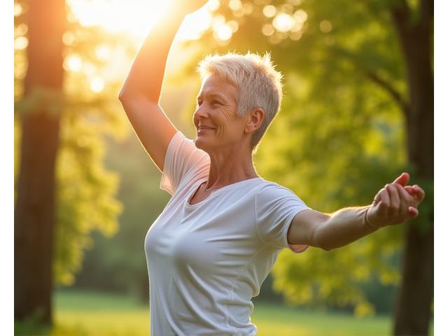 Woman gracefully performing a low-impact dynamic stretch outdoors, showcasing mobility and strength in a natural setting.