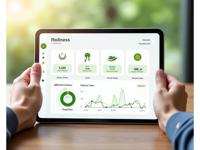 Digital dashboard displaying health metrics like sleep quality, steps, and energy levels with green checkmarks and positive graphs.