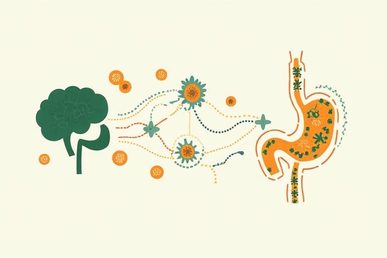 Detailed infographic illustrating the gut-brain axis, showing neural connections, microbial diversity, and chemical messengers influencing mood and cognitive function, colored with organic, calming tones.