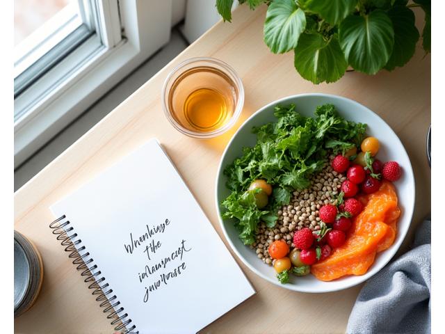 A vibrant platter with nutrient-rich foods alongside a notepad and pen, symbolizing thoughtful, balanced nutrition.