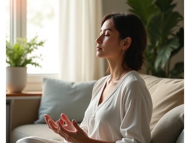 Calm adult meditating in a serene, naturally lit space, representing peace and stress relief