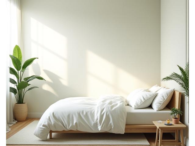 A serene, minimalist bedroom with soft lighting and natural elements, promoting deep sleep