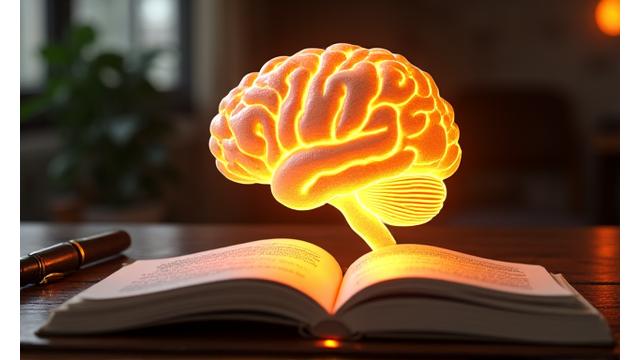 A brain-shaped lightbulb glowing softly amongst books, representing mental clarity and cognitive support.