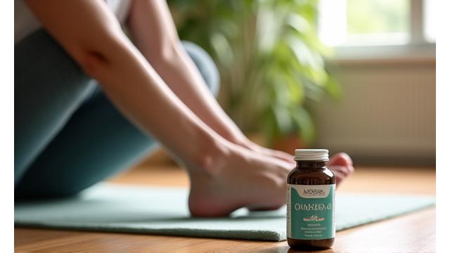 A person gently stretching their knee, with a bottle of omega-3 supplements nearby, symbolizing joint support and mobility.