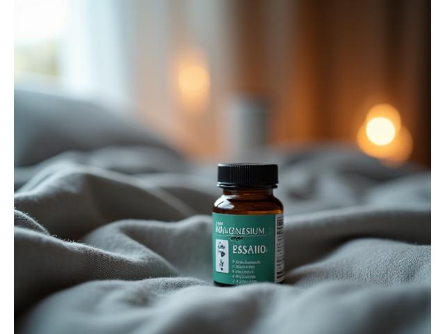A small, elegant bottle of magnesium glycinate pills on a soft, textured fabric, with a blurry background of a peaceful, dimly lit room, suggesting calm and sleep.