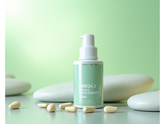 A clean, modern bottle of high-potency Omega-3 supplements placed on a smooth, pebble-like surface, with soft, natural light, emphasizing purity and quality.
