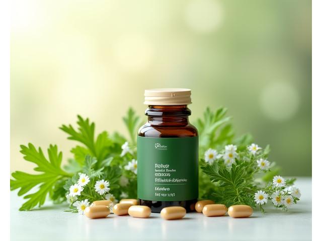 A gentle, natural scene with a bottle of multi-strain probiotic capsules nestled among delicate green leaves, symbolizing gut health and balance.