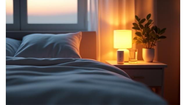 A serene bedroom scene with soft lighting, a sleep tracking device on a nightstand, and a warm blanket, indicating sleep and recovery aids.