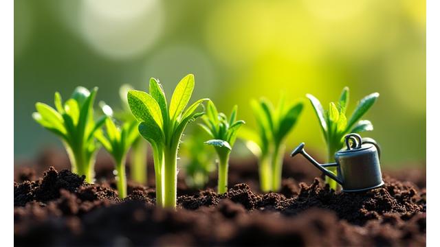 Fresh green sprouts emerging from healthy soil, with a watering can nearby, representing spring detox and new growth.