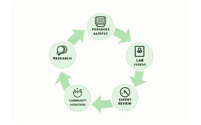 A detailed infographic showing a circular flow of product testing steps: 'Research & Selection', 'Third-Party Lab Verification', 'Community Real-World Testing', 'Expert Review', 'Value Analysis', with icons for each step.