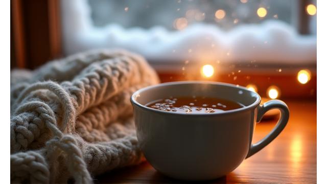 A cozy scene with a mug of steaming tea, warm blankets, and a window showing a light snowfall, symbolizing winter wellness.